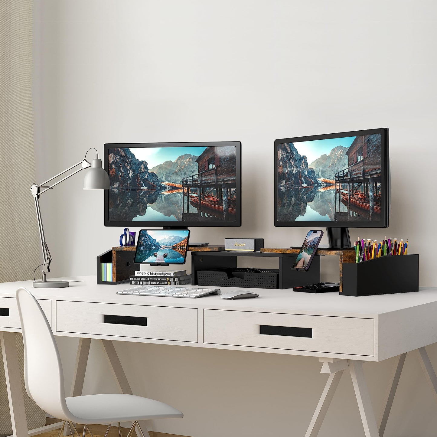 Simple Houseware Desk Dual Monitor Stand Riser with Drawer, Rustic Brown