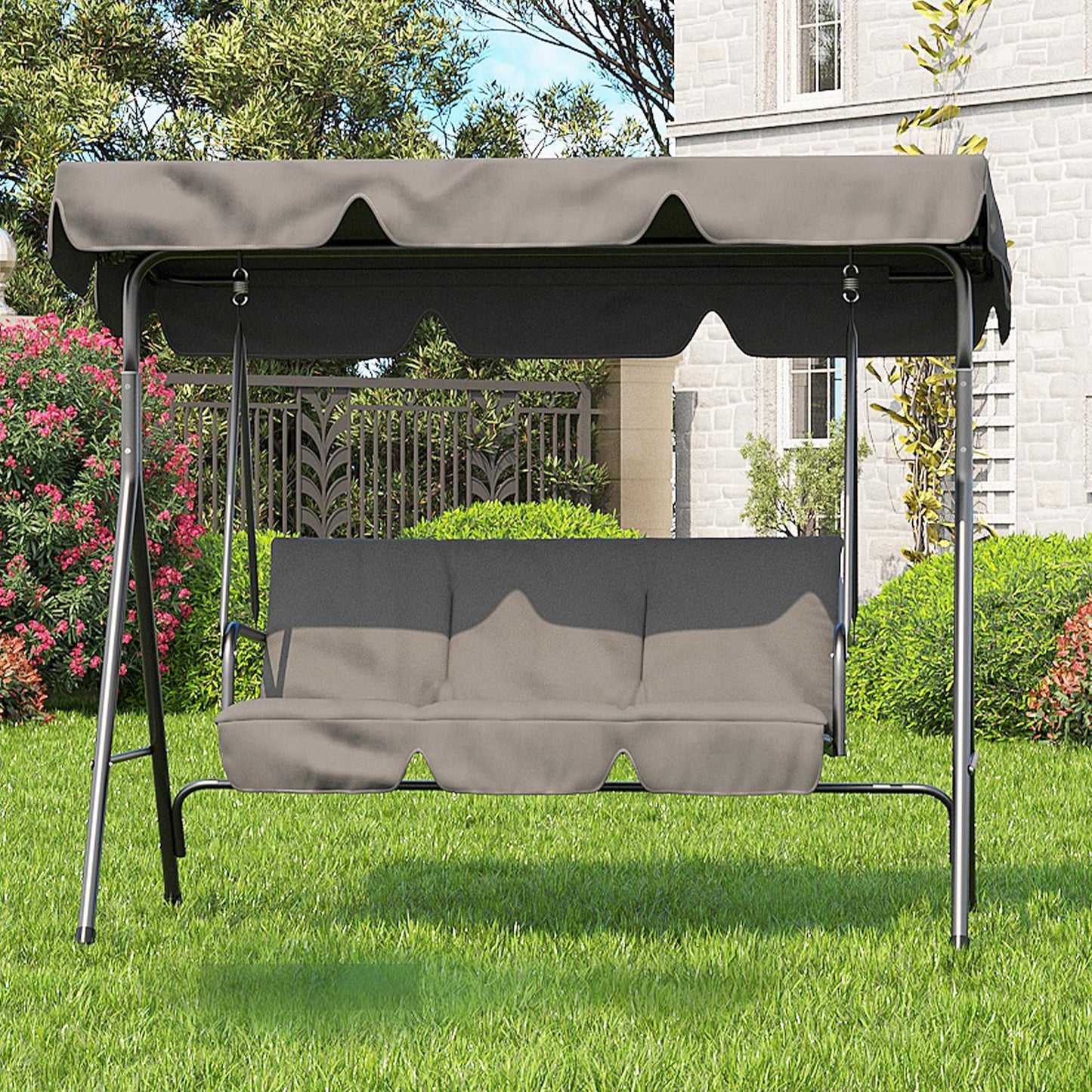 3 Seat Outdoor Porch Patio Swing with Stand and Adjustable Canopy, 800lbs Patio Chairs Porch Swing with Adjustable Tilt Shade for Blackyard Garden Deck, Grey