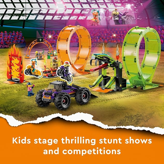 LEGO City Stuntz Double Loop Stunt Arena 60339 Monster Truck Playset with 2 Toy Motorcycles Ramp Wall of Flames Ring of Fire Snapping Snake Loop and 7 Minifigures for Kids Ages 7 Plus