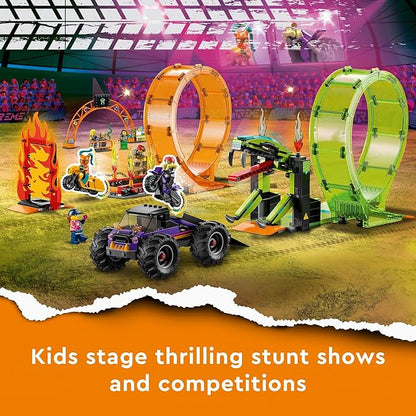 LEGO City Stuntz Double Loop Stunt Arena 60339 Monster Truck Playset with 2 Toy Motorcycles Ramp Wall of Flames Ring of Fire Snapping Snake Loop and 7 Minifigures for Kids Ages 7 Plus