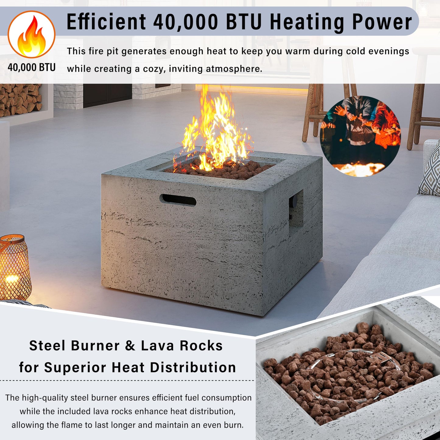 Merax MGO Outdoor Square Fire Pit with Steel Burner,Lightweight 24.02-inch Propane Fire Pit Table with Adjustable Flame, 40,000 BTU, Lava Rocks, and Rain Cover for Patio,Backyard, Poolside, Gray