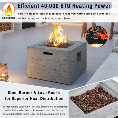 GDFStudio MgO Lightweight Square Propane Fire Pit Table, 40000 BTU Outdoor Propane Fire Pit with Steel Burner, Adjustable Flame Control, Lava Rocks & Rain Cover, Patio Backyard Deck Poolside, Gray