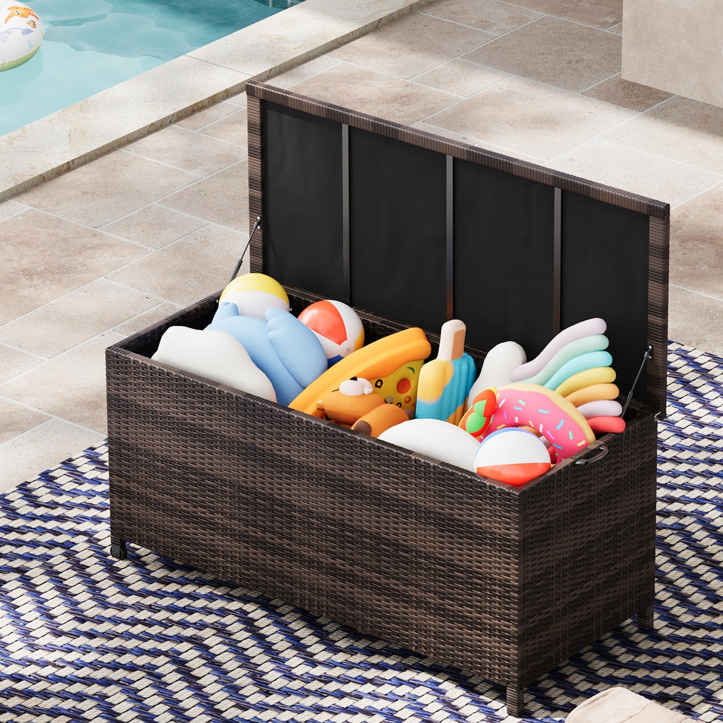 125 Gallon Outdoor Wicker Deck Box, All-Weather Waterproof Patio Storage with PE Rattan Finish & Steel Frame, for Cushions, Garden Tools, Pool Supplies, Lockable Brown Storage Box with Soft-Close Lid