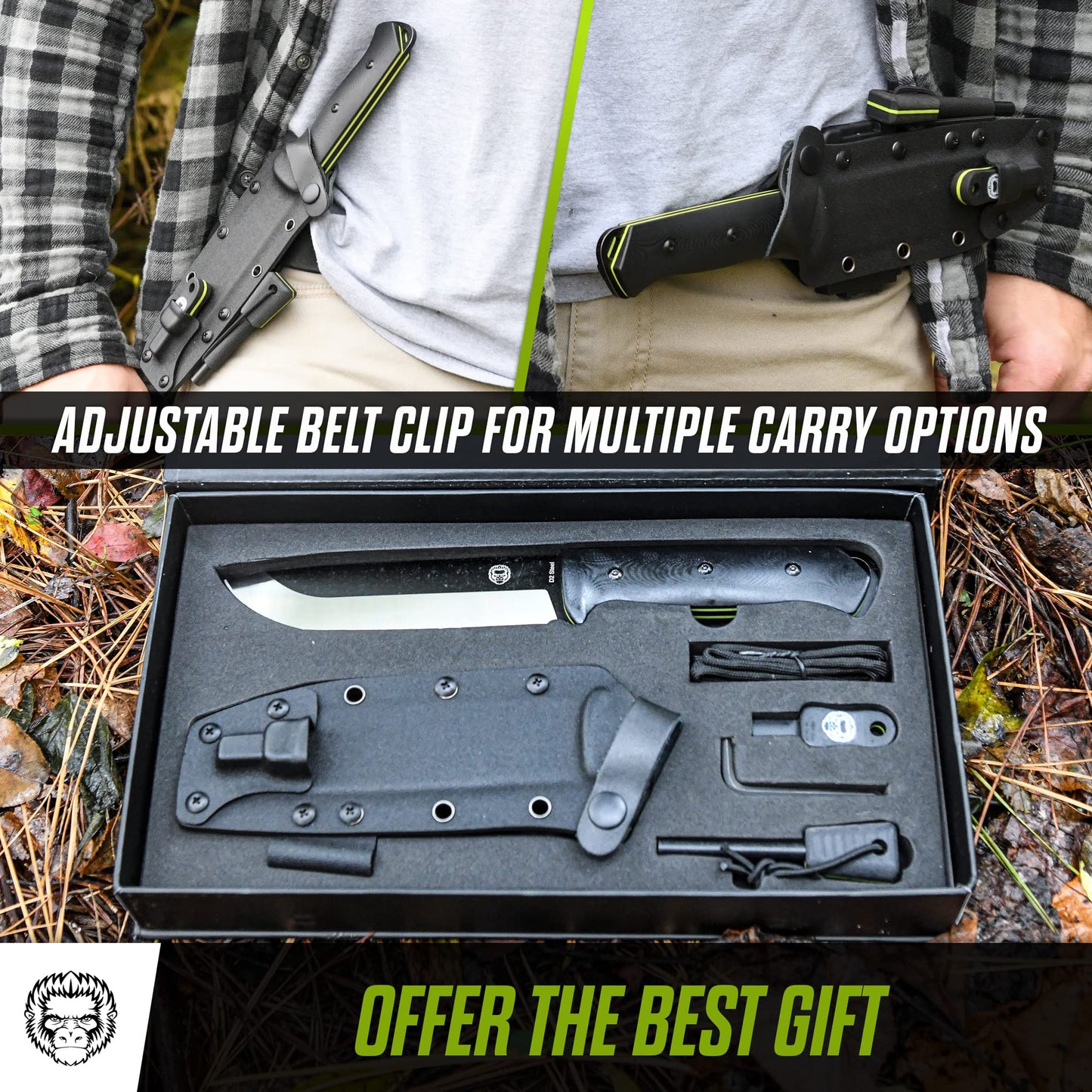 Holtzman's Gorilla Survival Bushwhacker Fixed Blade Knife with Fire Starter, G10 Scraper, and Paracord (Black+Green) - Ideal for Camping and Survival