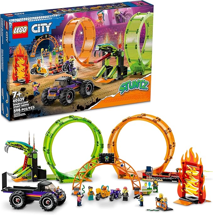 LEGO City Stuntz Double Loop Stunt Arena 60339 Monster Truck Playset with 2 Toy Motorcycles Ramp Wall of Flames Ring of Fire Snapping Snake Loop and 7 Minifigures for Kids Ages 7 Plus