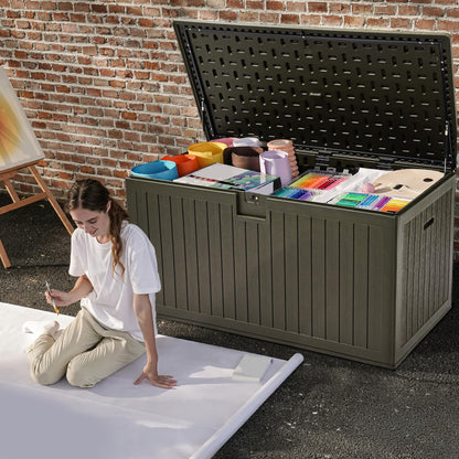 DWVO 230 Gallon Resin Outdoor Storage Box, XXL Double-Wall Waterproof Deck Box with Divider, Doubles as Table or Seating with 1000 lbs Capacity, Lockable (Light Brown)