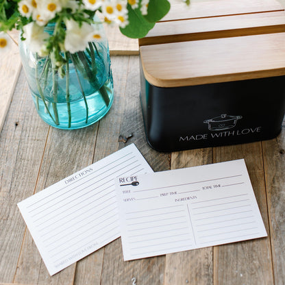 White Recipe Box With Cards And Dividers | Metal Recipe Card Holder w/ Bamboo Lid | 100 Modern Recipe Cards And Box Set | Recipe Card Box Organizer with 10 Dividers | Recipe Tin for Kitchen