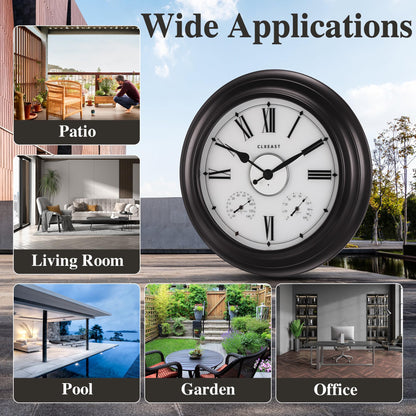 CLXEAST Illuminated Outdoor Indoor Metal Clocks Waterproof 24 inch, Oil Rubbed Bronze Black,Oversized Large Outdoor Roman Numeral Wall Clock with Thermometer & Hygrometer