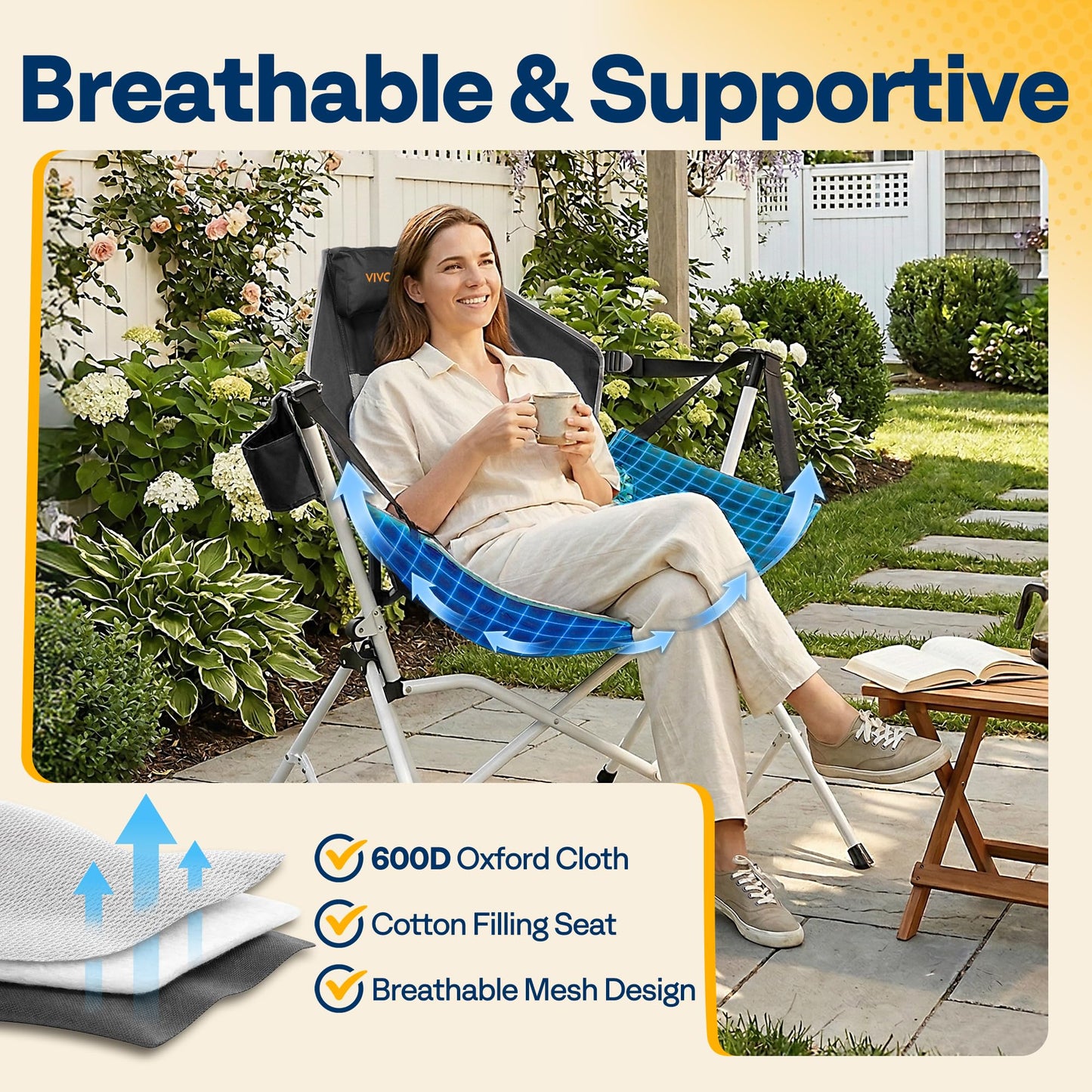 VIVOHOME Hammock Camping Chair, Portable Outdoor Swinging Rocking Chairs for Adults with Adjustable Pillow, Back and Height for Travelling, Backyard, Patio, Supports 400 lbs, 600D Breathable Mesh