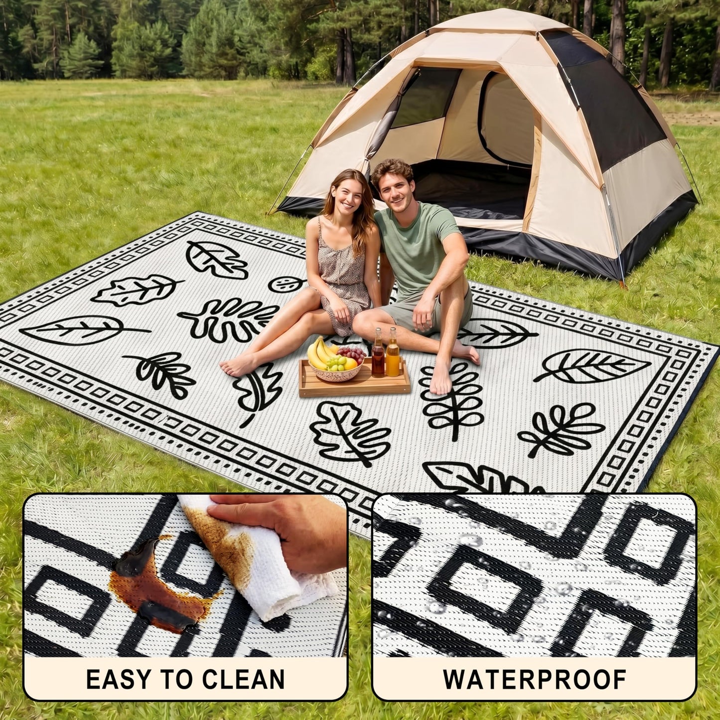CircleRoad RV Outdoor Rug 9x18 Waterproof Patio Rug Mat with 4 Stakes UV Resistant Reverisble Plastic Straw Outdoor Rug with Carry Bag for RV Camping Picnic Beach Backyard