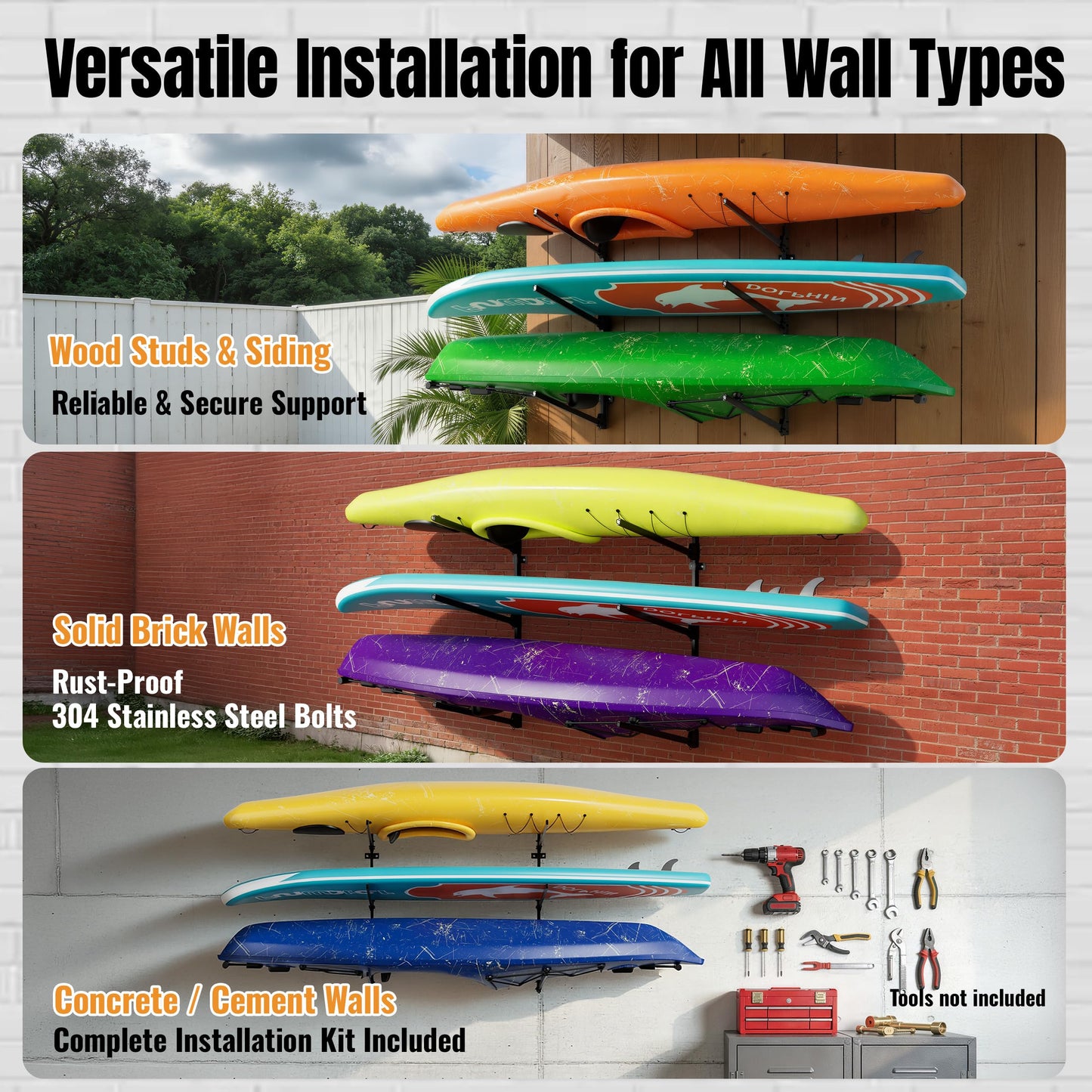 AlloyLake 3-Tier Foldable Kayak Wall Rack, 360LBS Heavy Duty Kayak Storage Rack for Garage, Rustproof 304 Stainless Steel Kayak Hanger for Indoor Outdoor, Wall Mount for SUPs, Canoes, Surfboards