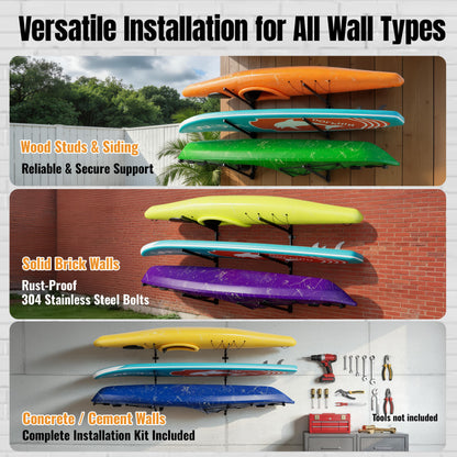 AlloyLake 3-Tier Foldable Kayak Wall Rack, 360LBS Heavy Duty Kayak Storage Rack for Garage, Rustproof 304 Stainless Steel Kayak Hanger for Indoor Outdoor, Wall Mount for SUPs, Canoes, Surfboards