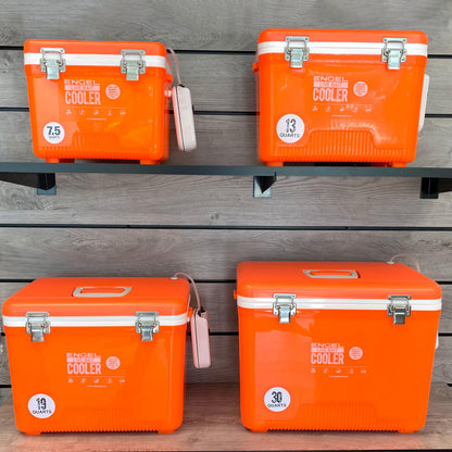 Engel 19qt Live Bait Cooler Box with 2nd Gen 2-Speed Aerator Pump - Portable Fishing Station & Minnow Bucket for Shrimp & Other Live Fish with Aerator - ENGLBC19-N-OHV in Orange High-Visibility