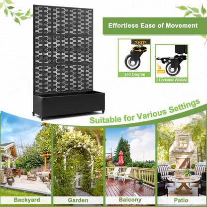 FENCY Metal Raised Garden Bed with Wheels and Trellis,73"x47"x16" Planter Box for Climbing Plants, Vegetables & Vines, Features Privacy Screen and Drainage Holes (Black-Brick)