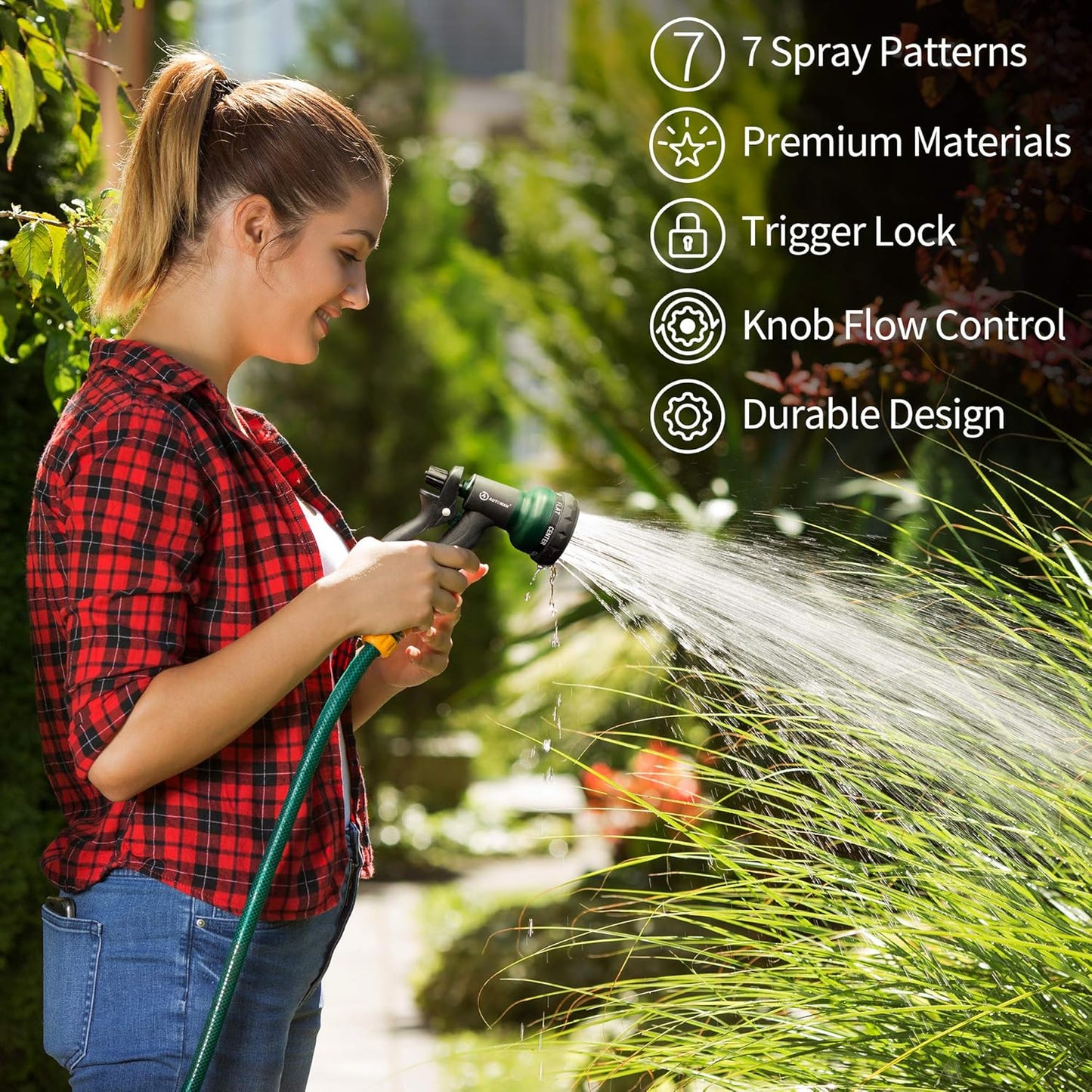 AUTOMAN Garden Hose Nozzle - 7 Adjustable Watering Patterns, Slip Resistant for Easy Use | Ideal for Plants, Lawn & Pets