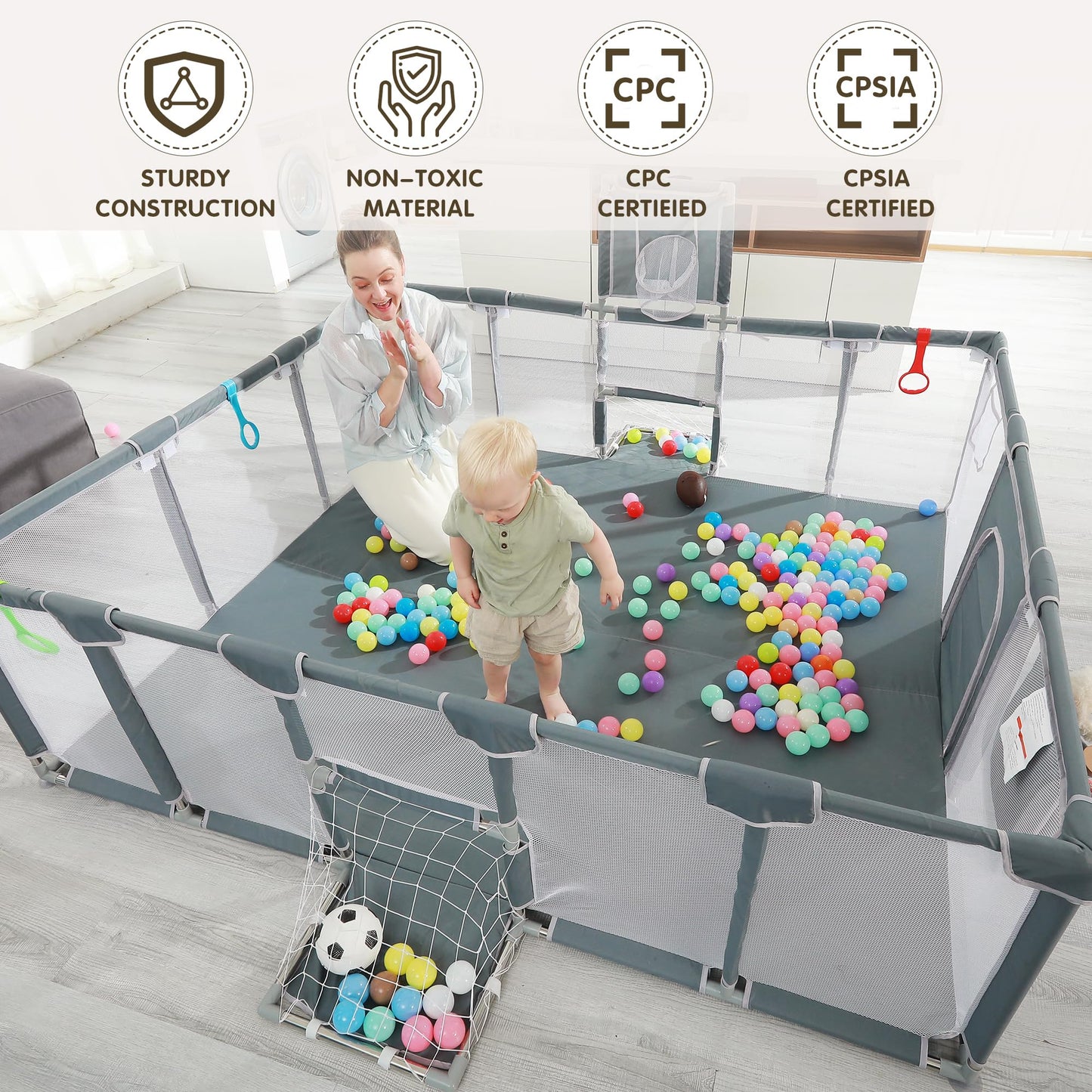 XNWQL Baby Playpen, 79"x71" Indoor ＆ Outdoor Playpen with Breathable Play Pen with Ocean Balls Hanging Pocket Basketball Hoop and Football Goal