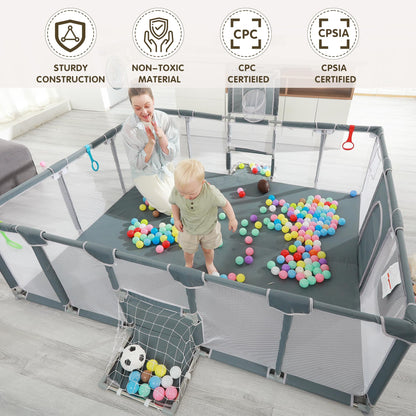 XNWQL Baby Playpen, 79"x71" Indoor ＆ Outdoor Playpen with Breathable Play Pen with Ocean Balls Hanging Pocket Basketball Hoop and Football Goal