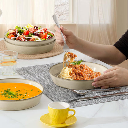 LIANYU 34oz Pasta Bowls Set of 4, 8.7’’ Wide Ceramic Bowl Plates, Shallow Stoneware Dinner Serving Plates Set for Salad, Soup, Cereal, Fruit, Dishwasher & Microwave Safe, Sandy Beige
