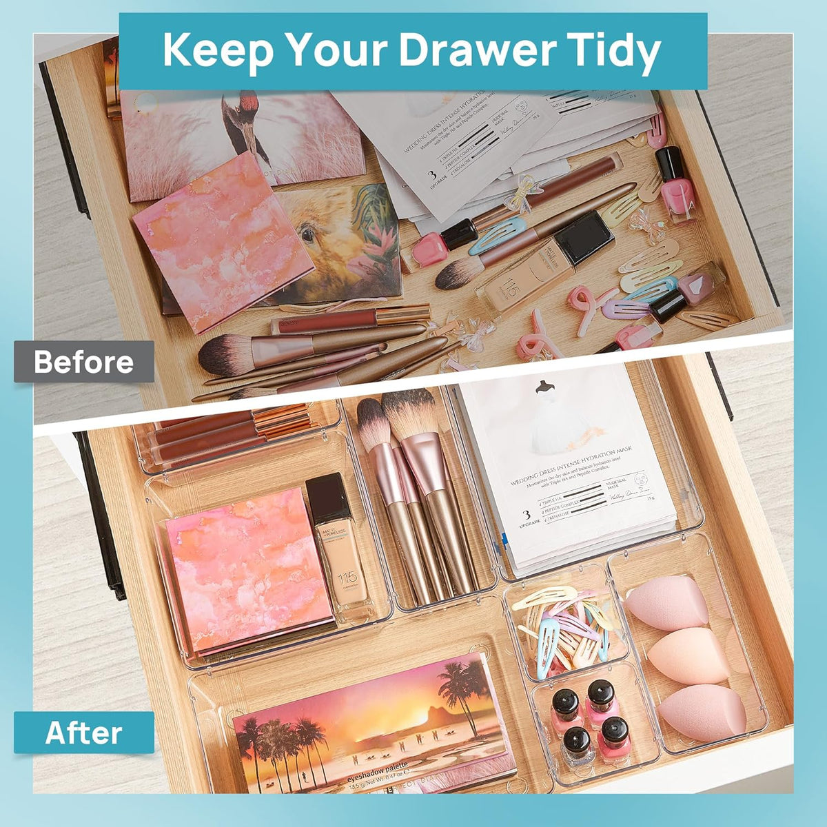 Vtopmart Clear Plastic Drawer Organizers Set - 25 PCS Versatile Storage Bins for Bathroom, Makeup, Kitchen & Office