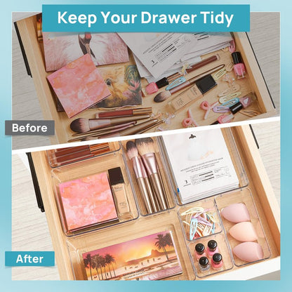 Vtopmart 15 PCS Clear Plastic Drawer Organizers Set, 4-Size Versatile Bathroom and Vanity Organizer Trays, Non-Slip Storage Containers for Makeup, Jewelries, Bedroom，Kitchen Utensils and Office