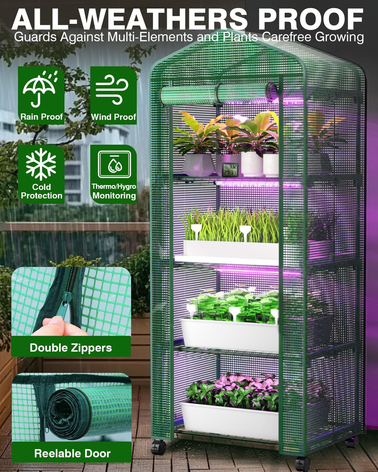 PYY Mini Indoor Greenhouse with Grow Light - Small Portable Outdoor Plant Green House Cabinet with Wheels, Thermometer, PE Tent Cover, 4 Dimmable 3 Color 2FT 36W LED Kit, 4 Tier Gardening Shelves