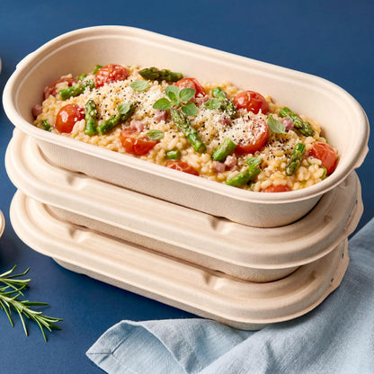 SugaWrap Disposable 28oz Oval Food Containers with Lids - Eco-Friendly Biodegradable Bamboo & Sugarcane, Sturdy & Leak Resistant, Freezer & Microwave Safe for Hot & Cold [400 Bowls + 400 Lids]