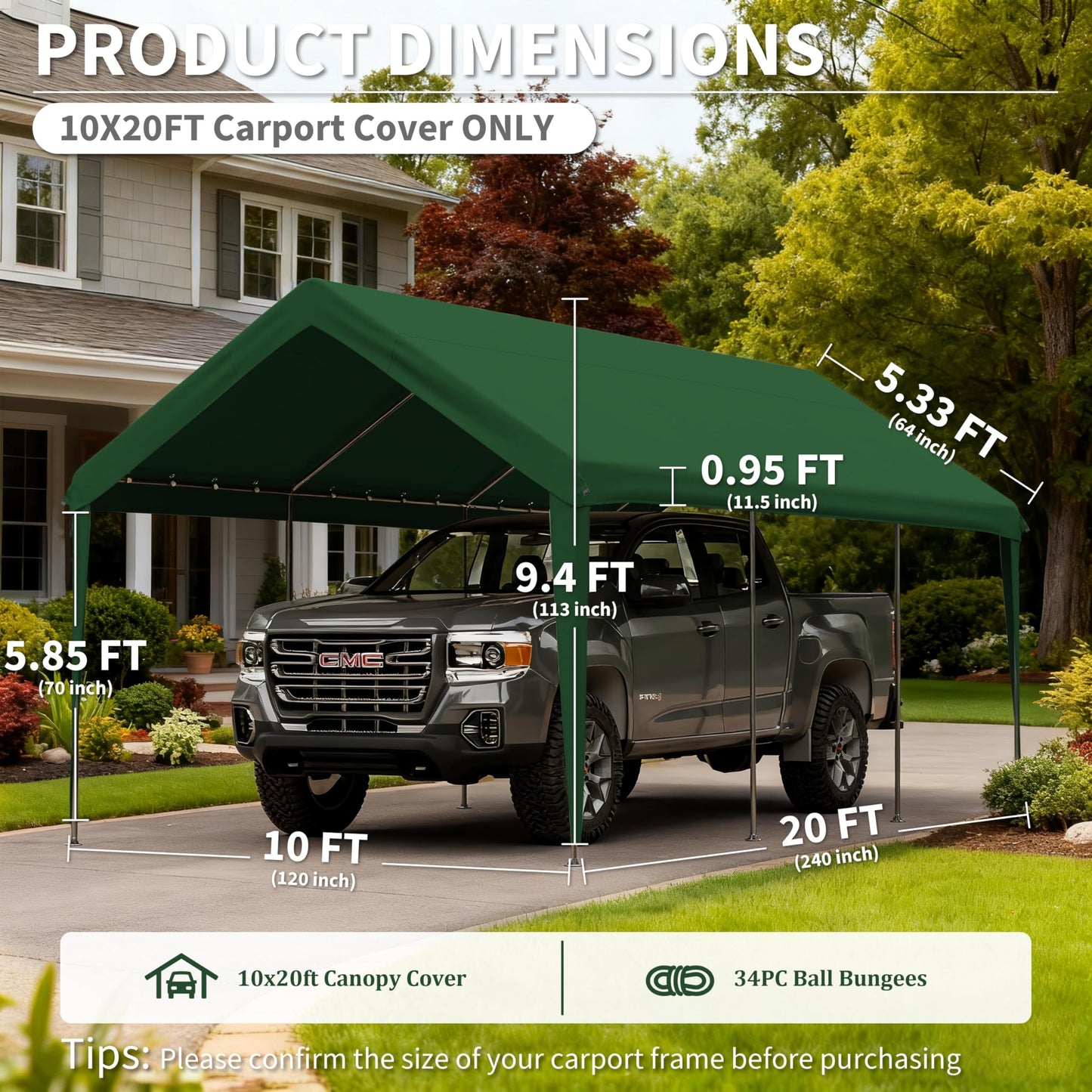Pakunoda Carport Replacement Canopy Cover 10'x20' for Tent Top Garage Shelter Cover, 800D Heavy Duty Oxford Waterproof & UV Protected Car Canopy Tarp with Ball Bungees (Frame is not Included)