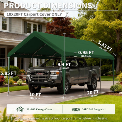 Pakunoda Carport Replacement Canopy Cover 10'x20' for Tent Top Garage Shelter Cover, 800D Heavy Duty Oxford Waterproof & UV Protected Car Canopy Tarp with Ball Bungees (Frame is not Included)