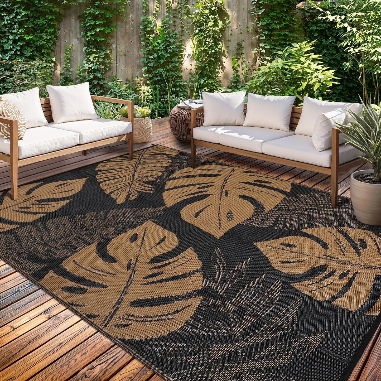 GarveeHome Outdoor Patio Rug 9x18 Waterproof Reversible Mat Leaves Camping Rugs Indoor Outdoor Rugs Carpet Large Area Rug Plastic Straw Rug for Patio Deck Balcony Pool RV Camping, Black and Brown