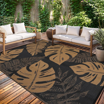 GarveeHome Outdoor Patio Rug 9x18 Waterproof Reversible Mat Leaves Camping Rugs Indoor Outdoor Rugs Carpet Large Area Rug Plastic Straw Rug for Patio Deck Balcony Pool RV Camping, Black and Brown
