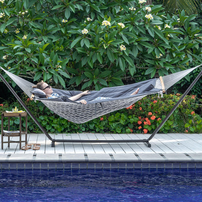 Lazy Daze Hammocks 2 Person Portable Hammock with 12FT Stand, Double Hand Woven Cotton Rope Hammock with Detachable Quilted Pad & Pillow for Outside, 450lb Capacity, Grey