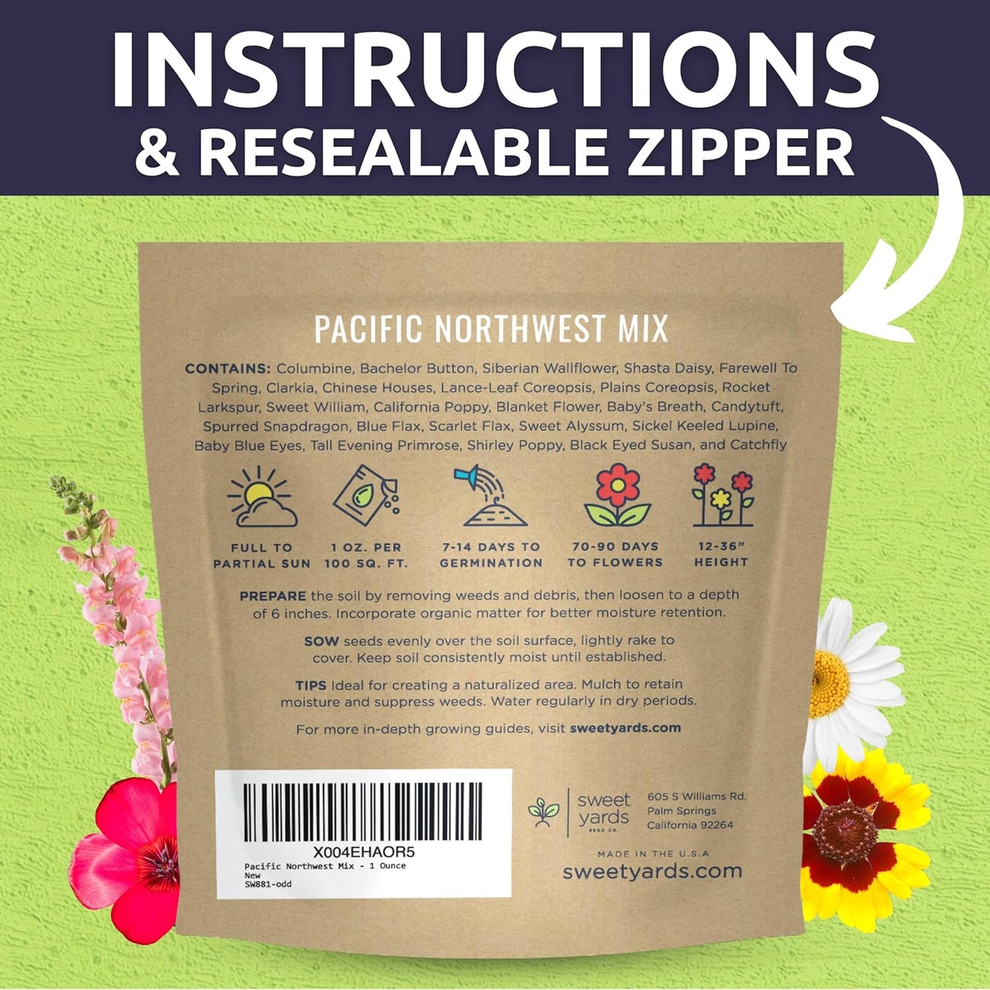 Pacific Northwest Wildflower Seed Mix - 24,000 Premium Flower Seeds in Large 1 Ounce Packet