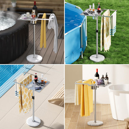 KES Adjustable Height Outdoor Towel Rack for Pool with Weighted Marble Base, 360° Swivel Hot Tub Towel Rack with Hot Tub Table & Drink Holders, 18/8 Stainless Steel, Fit Above Ground Pool, OTR201-2