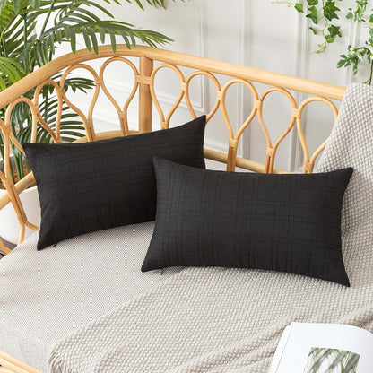 UGASA Outdoor Throw Pillow Covers - Waterproof Plaid Texture | 12x20 Inch Black Farmhouse Decor (Pack of 2)