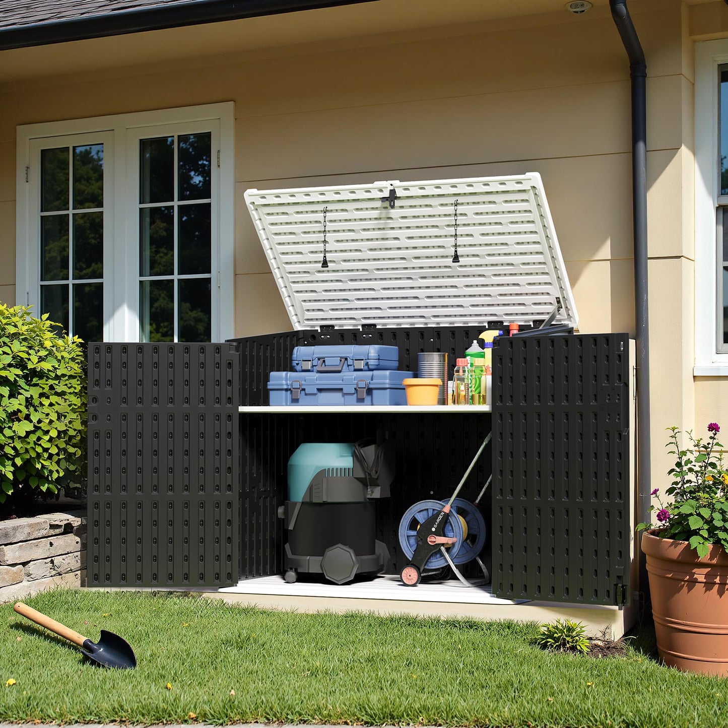 Greesum Outdoor Trash Can Storage Shed, 34 Cu.ft Horizontal Outdoor Storage Cabinet, Waterproof for Garden, Pool Storage, Garbage Cans, Black