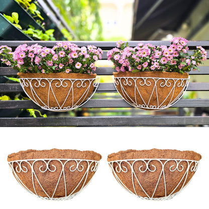 LaLaGreen Outdoor Wall Planters (2 Pack, 14 Inch) White Metal Wall Mounted Hanging Basket with Coco Liner, Semi-Circle Flower Pot Plant Holder for Fence Railing Deck Porch Balcony French Garden Decor