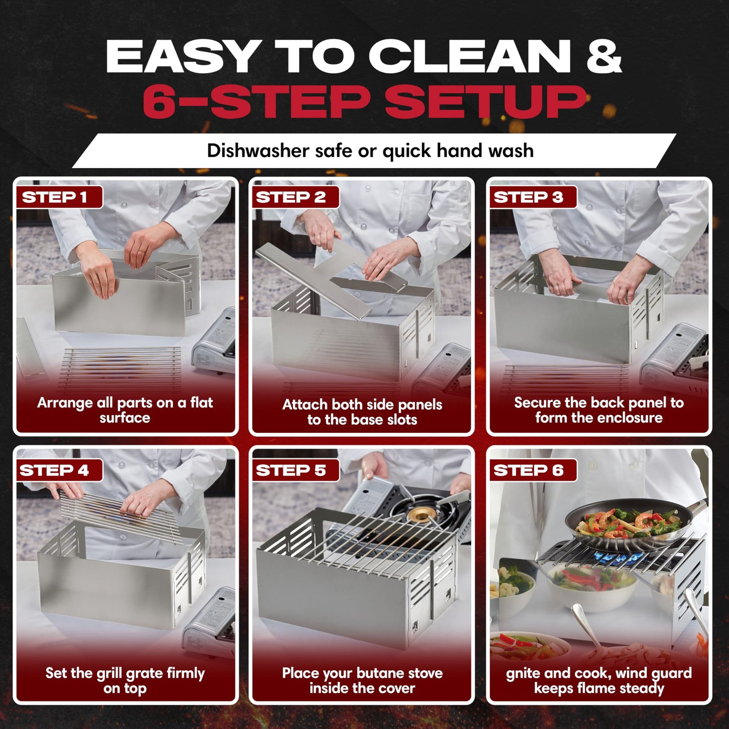 Chef Master Butane Stove Cover - Premium Stainless Steel Universal Fit - Any Standard Size Camping Stove - Portable Screen & Camping Wind Blocker - Camp Essentials for Outdoor & Indoor Cooking 90217