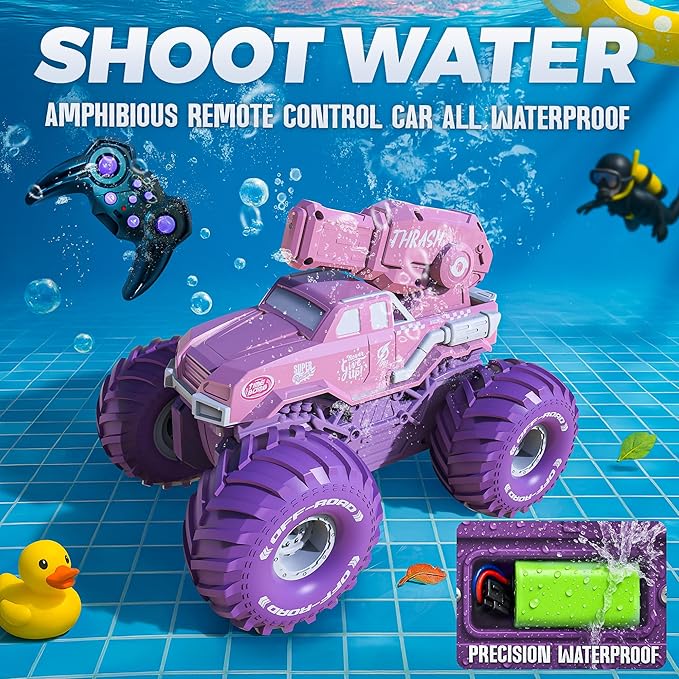 BEZGAR Amphibious Remote Control Car for Girls - Pink Monster Truck Toys 1:16 RC Boats 2.4GHz Waterproof Tank with Shooting Water Pistol 4WD All-terrian Off-Road Pickup Outdoor Girls Kids Gifts