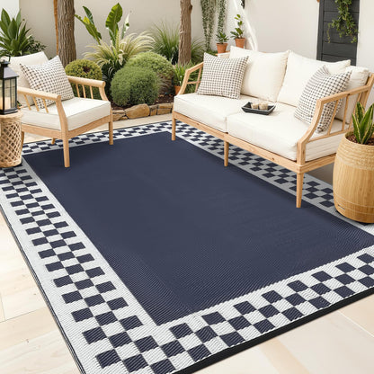 LUXLOOM 9x18 Outdoor Rug Waterproof Large Camping Rugs Reversible Plastic Straw RV Mat, Foldable Fade-Proof & Hose-cleanable Outdoor Carpet with Stakes & Carry Bag for Patio Deck Beach Blue White