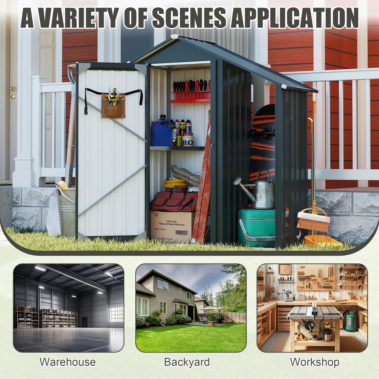KEIKI 2-in-1 Outdoor Storage Shed & Tool Cabinet, 4.6FT Metal Garden Shed with Lockable Compartment, Open Firewood Rack, Waterproof Small Outside Storage Shed, Galvanized Steel, Dark Gray