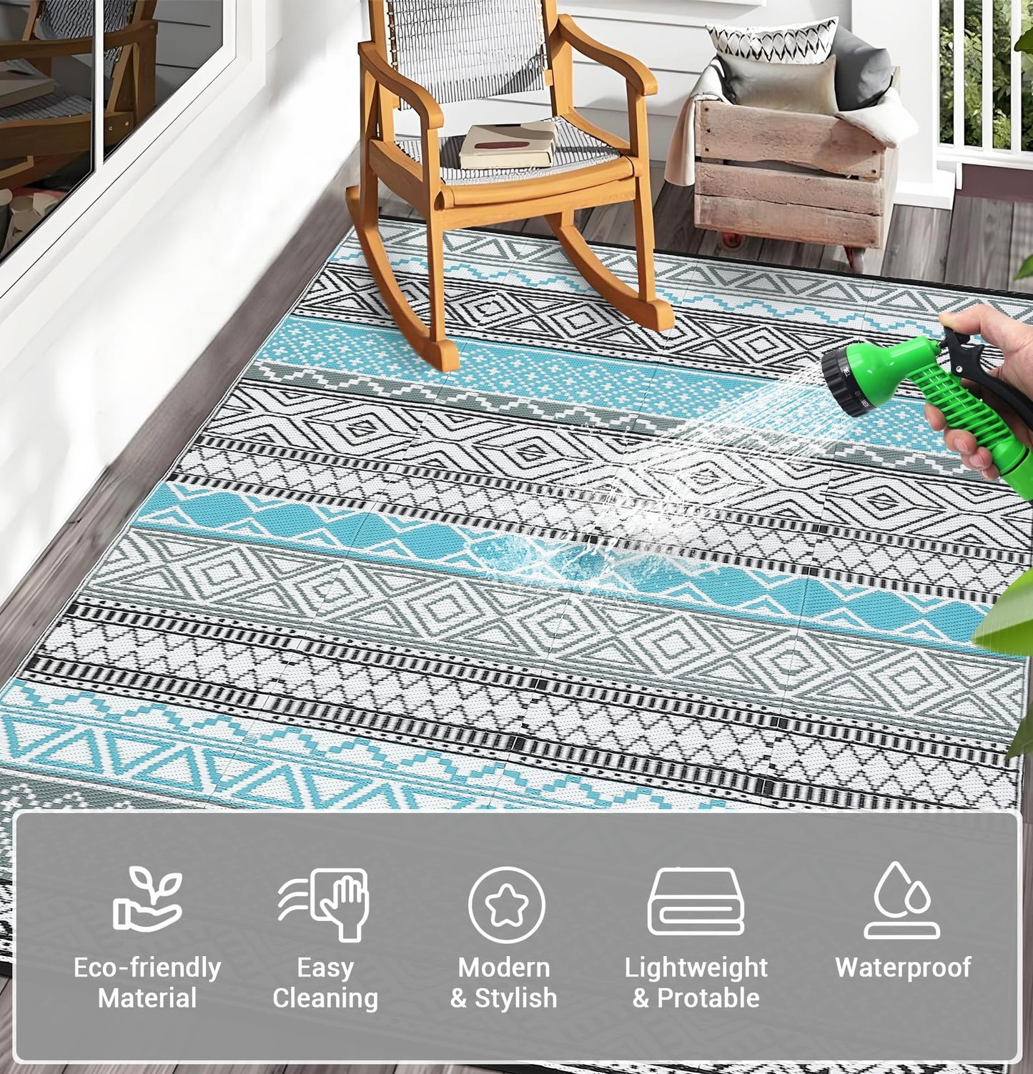 GarveeHome Outdoor Rug for Patio Clearance,10x14 Waterproof Large Mat, Reversible Plastic Camping Rugs, Outside Rug for Rv, Porch, Deck, Camper, Balcony, Backyard, Blue/Grey