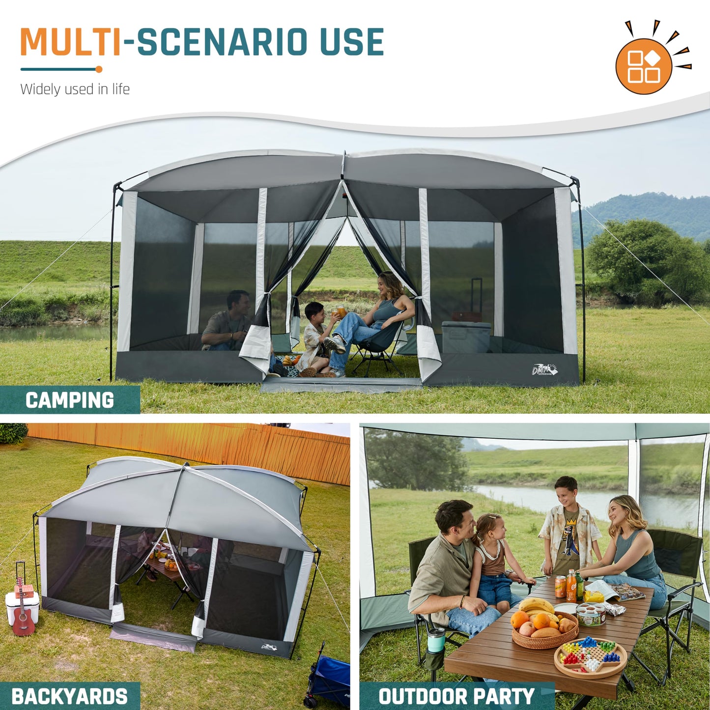 Screen House Tent 13x9ft Screen Room Mesh Gazebos w/ 2 Magnetic Doors, Included Projection Screen, Camping Tent Screened Canopy Shelter for Outdoor Patios Backyards Activities (Gray)