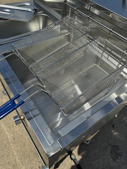 Deep Fryer Cart | 2 Fry Baskets | 3 Gallon Single Tank | 2 Pan Steam Table | Portable 4 Wheel | Stainless Steel | Outdoor Propane Frying Cart for Chicken, Fish, & More | Commercial & Home