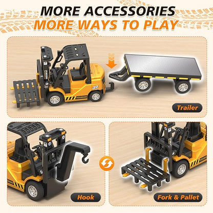 1/64 RC Forklift Toy 3 in 1 Mini Forklift Remote Control &amp App Remote Control Forklift with Trailer &amp Fork &amp Hook 10CH Alloy RC Construction Vehicles Desktop Toy for Adults Kids Boys Gi