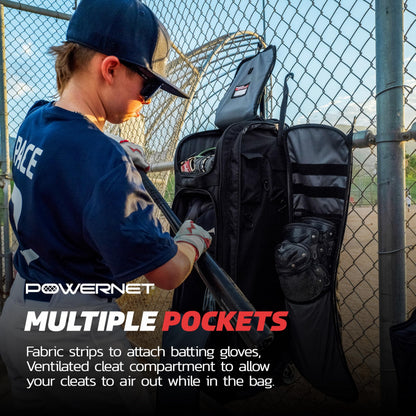 PowerNet Optimus Catcher's Bag, Rolling Equipment Bag Holds All Baseball & Softball Gear, 7 Internal Bat Sleeves, Cleat Compartment, Personalization Panel & Hooks