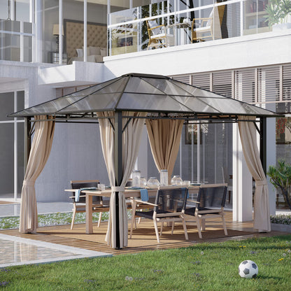 Outsunny 10' x 12' Hardtop Gazebo Canopy with Polycarbonate Roof, Aluminum Frame, Permanent Pavilion Outdoor Gazebo with Netting, for Patio, Garden, Backyard, Deck, Lawn, Black, Beige