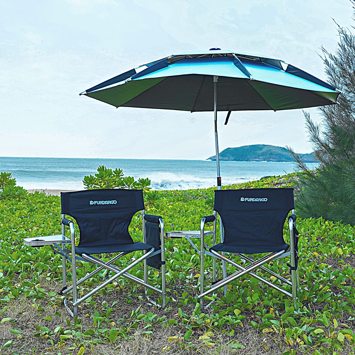 FUNDANGO Aluminium Camping Director Chair with Armrest, Portable Lightweight Folding Outdoor Camping Chair with Side Table & Umbrella Holder, Full Back Lawn Chair for Camping Fishing Picnic Stadium