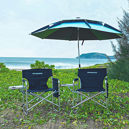 FUNDANGO Aluminium Camping Director Chair with Armrest, Portable Lightweight Folding Outdoor Camping Chair with Side Table & Umbrella Holder, Full Back Lawn Chair for Camping Fishing Picnic Stadium