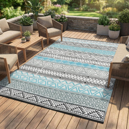 GarveeHome Outdoor Rug for Patio Clearance,10x14 Waterproof Large Mat, Reversible Plastic Camping Rugs, Outside Rug for Rv, Porch, Deck, Camper, Balcony, Backyard, Blue/Grey