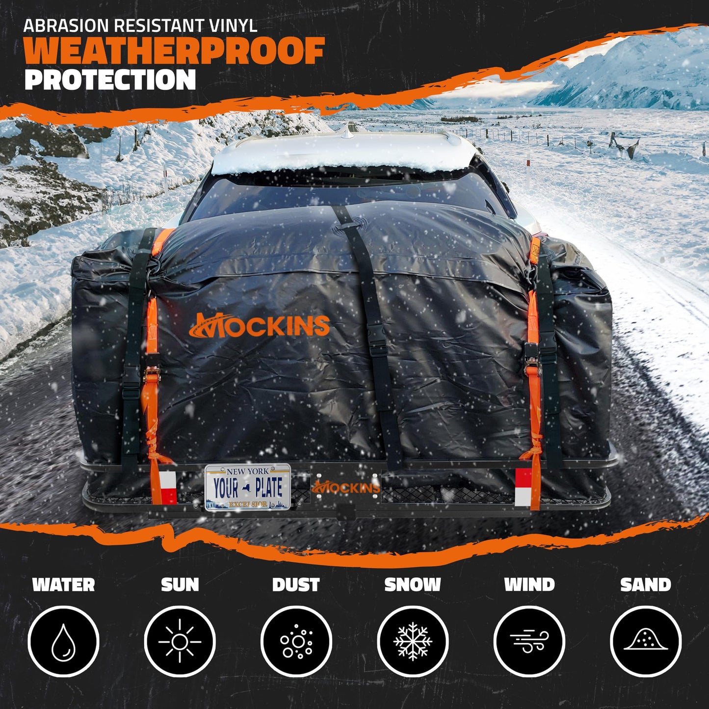 Mockins 60"x24"x6" Heavy Duty Trailer Hitch Cargo Carrier & 25 CuFt Waterproof Cargo Bag for Hitch Carrier | 500 Lbs. Capacity Folding Luggage Rack for SUV Car Truck with Plate Bracket & Accessories